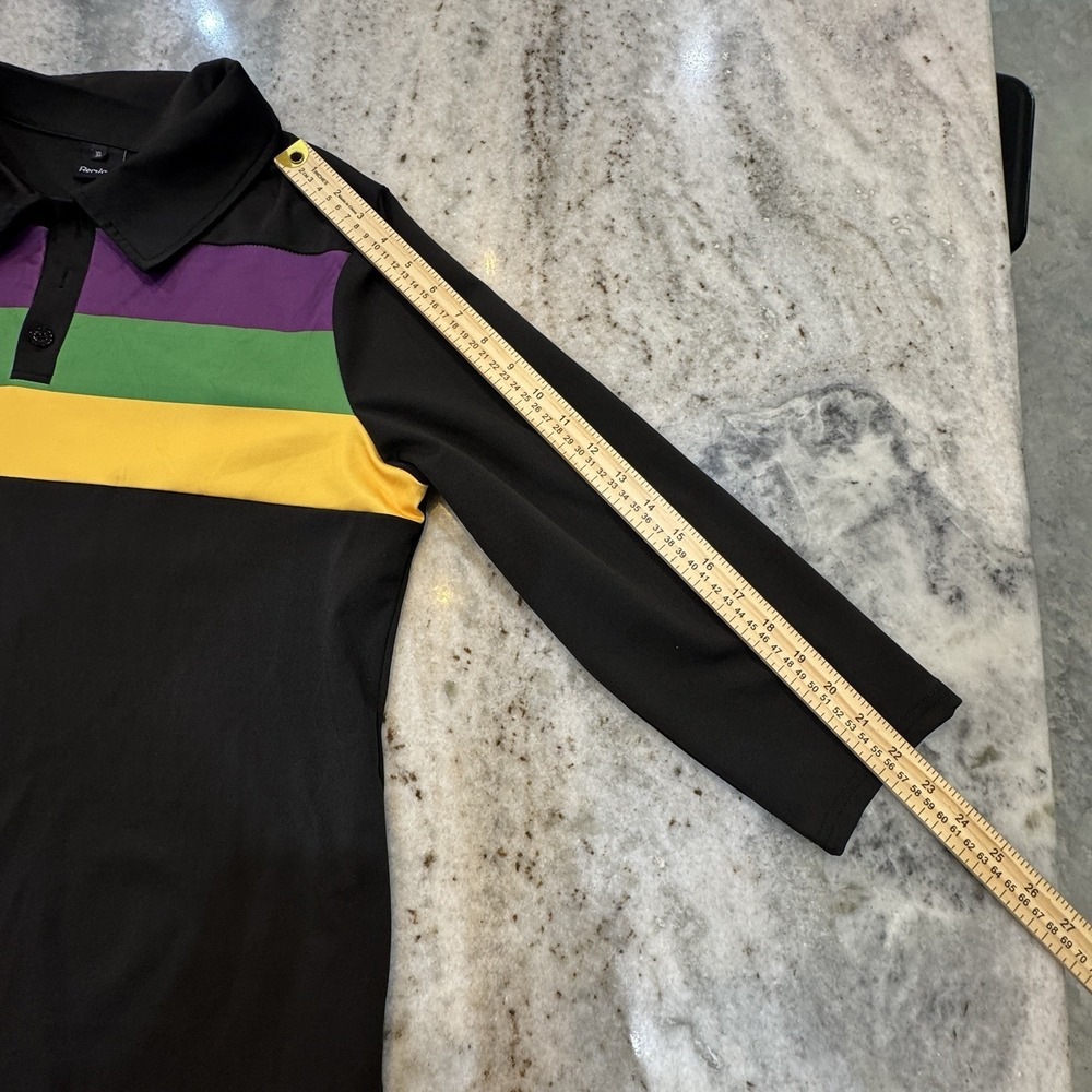 Remini Mardi Gras Mini Polo Dress Collared 3/4 Sleeve Black Striped Sz XL Parade - Picture 5 of 8
